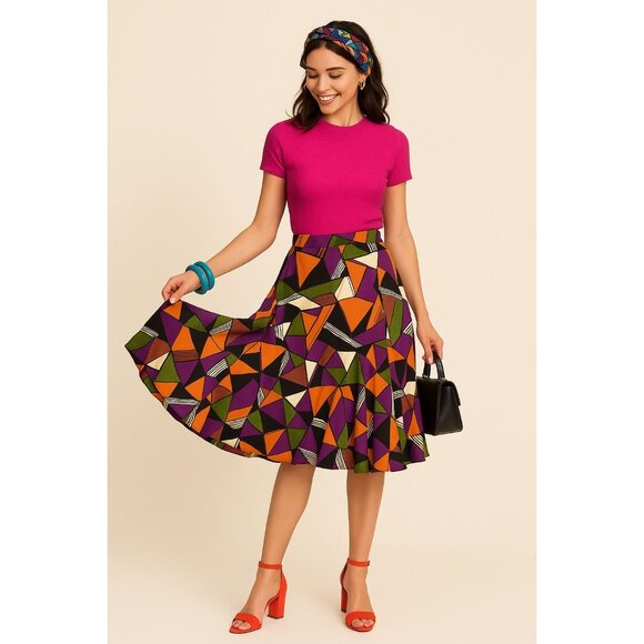 Briggs New York Vintage Inspired Geometric Flare Skirt Abstract Midi Style Sz M - Picture 2 of 12